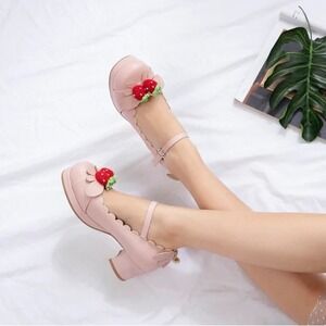 Pink Strawberry Mary Jane Pumps Sweet Lolita Scalloped Wing Heel Cosplay Shoes